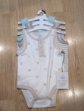 cloud island White, Beige, Blue Sleeveless Baby Bodysuit Set